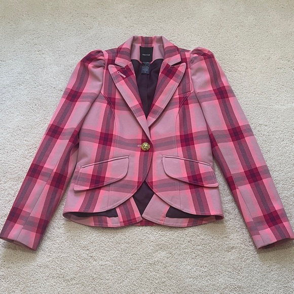 Smythe Jackets & Blazers - Smythe Pink Plaid Single-Button Puff Shoulder Blazer